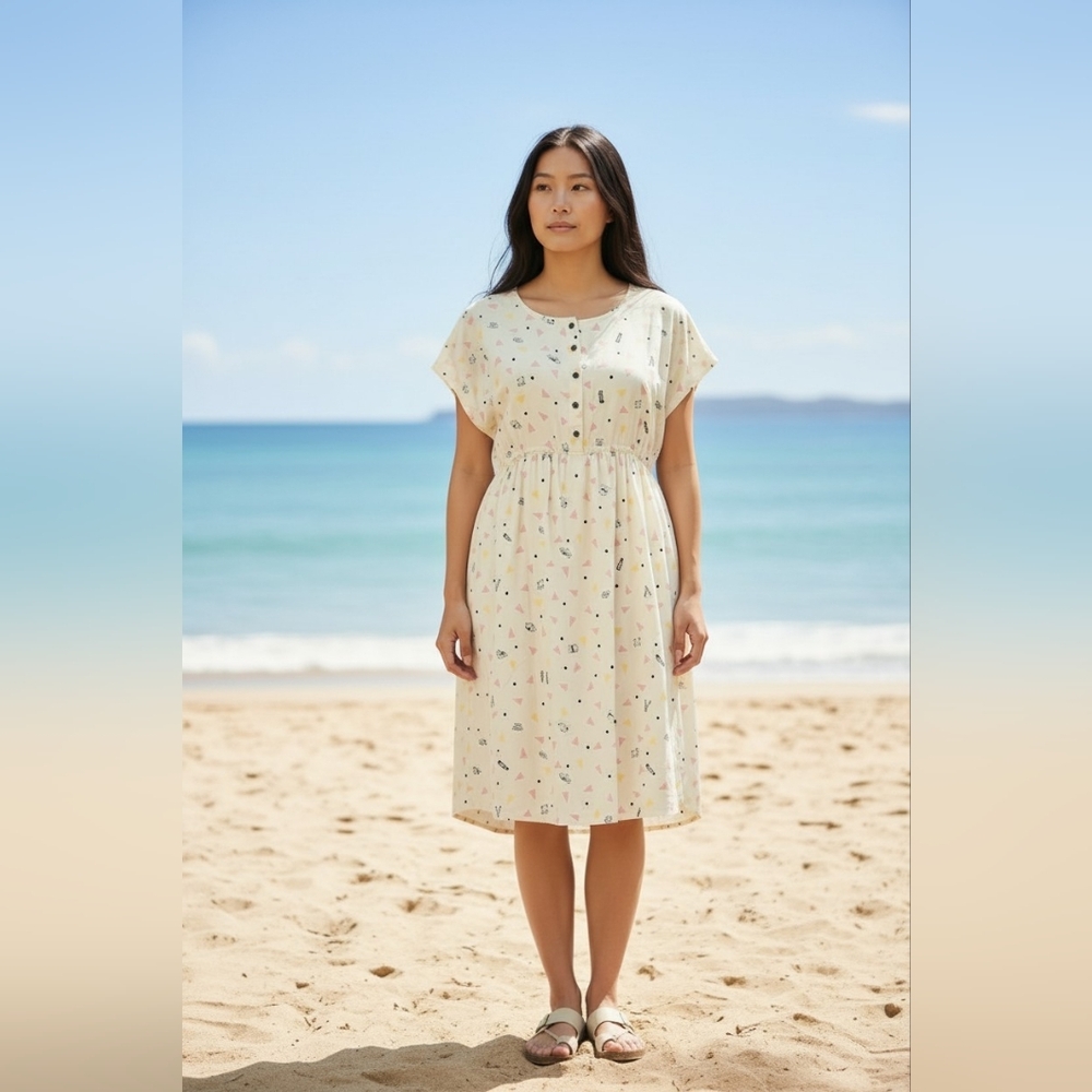 PAR ICI Ivory Print Mini Dress Cupra Cotton Blend Playful Pattern, Made in Japan